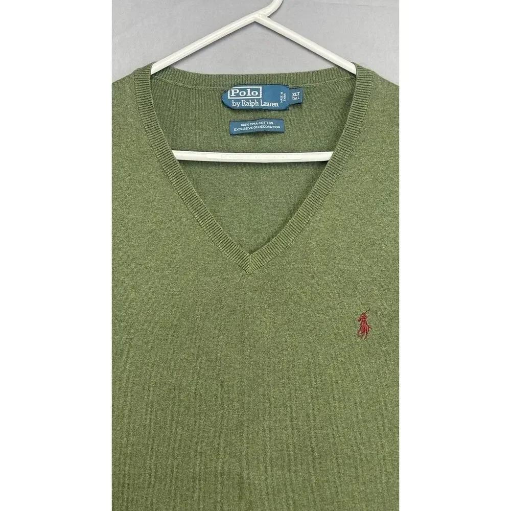 POLO RALPH LAUREN 100% Pima Cotton Sweater Vest‎ Men’s XLT Green V-Neck Red Pony